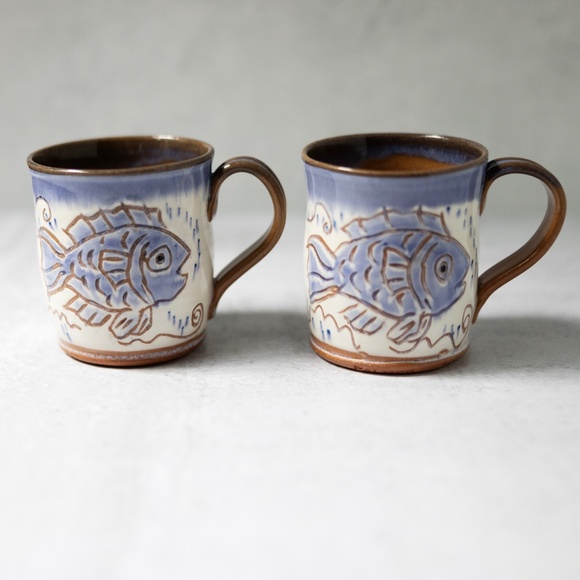 Palmer Pottery Other - Jeanne Palmer Pottery Venice Florida blue brown fish mugs set of two